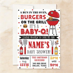 Lofaris Custom Set of 20 Baby-Q Baby Shower Invitation with a Bun in the Oven featuring BBQ Grill and Polka Dots