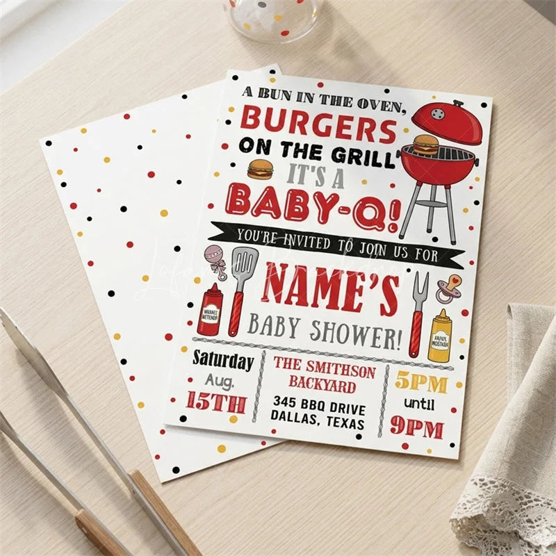 Lofaris Custom Set of 20 Baby-Q Baby Shower Invitation with a Bun in the Oven featuring BBQ Grill and Polka Dots
