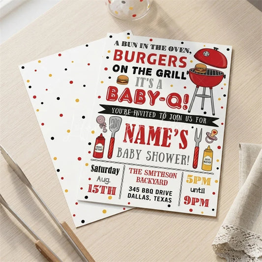 Lofaris Custom Set of 20 Baby-Q Baby Shower Invitation with a Bun in the Oven featuring BBQ Grill and Polka Dots