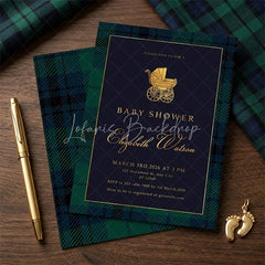 Lofaris Custom Set of 20 Baby Shower Invitation with Golden Carriage Elegant Navy Blue and Tartan Plaid Design