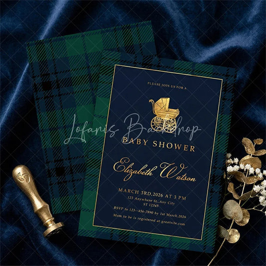 Lofaris Custom Set of 20 Baby Shower Invitation with Golden Carriage Elegant Navy Blue and Tartan Plaid Design