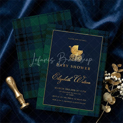 Lofaris Custom Set of 20 Baby Shower Invitation with Golden Carriage Elegant Navy Blue and Tartan Plaid Design