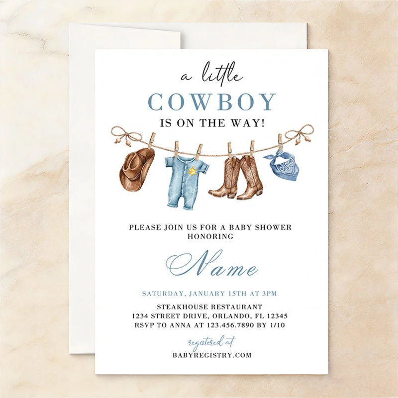 Lofaris Custom Set of 20 Blue Cowboy Baby Shower Invitation featuring Western Attire and Rustic Cow Print Design for Boys