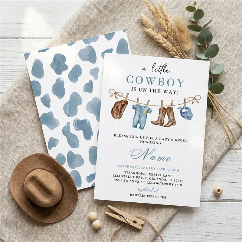 Lofaris Custom Set of 20 Blue Cowboy Baby Shower Invitation featuring Western Attire and Rustic Cow Print Design for Boys