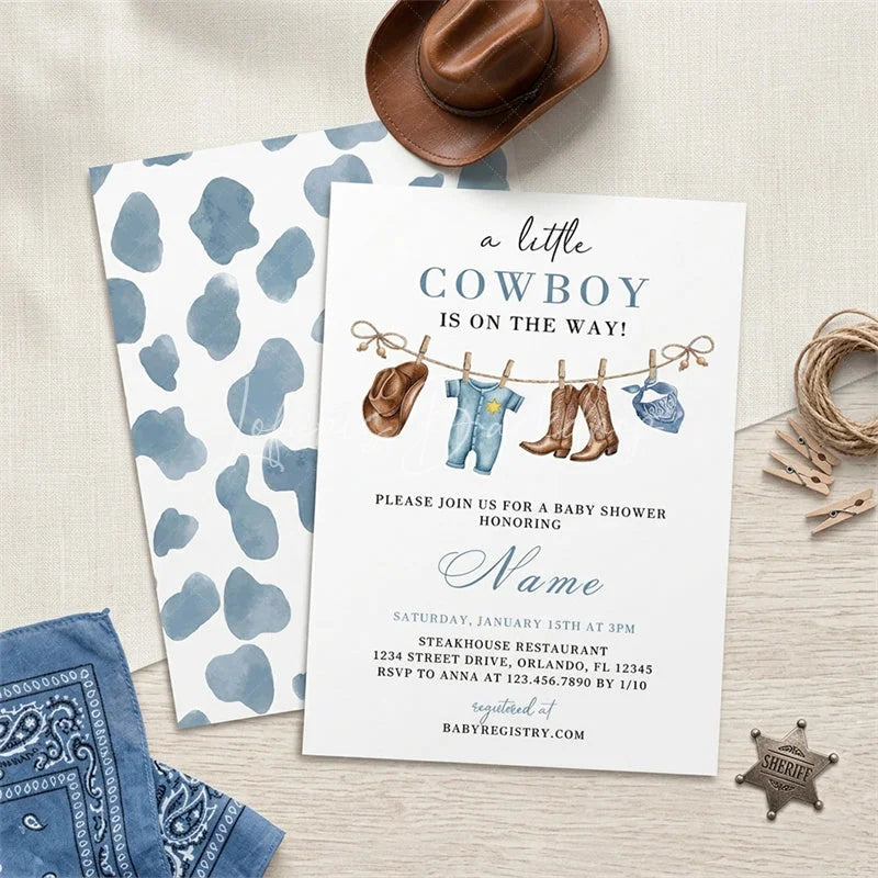 Lofaris Custom Set of 20 Blue Cowboy Baby Shower Invitation featuring Western Attire and Rustic Cow Print Design for Boys
