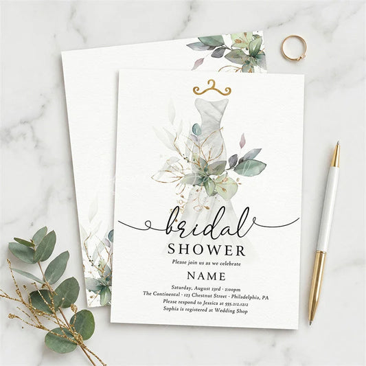 Lofaris Custom Set of 20 Bridal Shower Invitation Elegant Wedding Dress Eucalyptus Gold Design Personalized Party