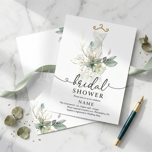 Lofaris Custom Set of 20 Bridal Shower Invitation Elegant Wedding Dress Eucalyptus Gold Design Personalized Party