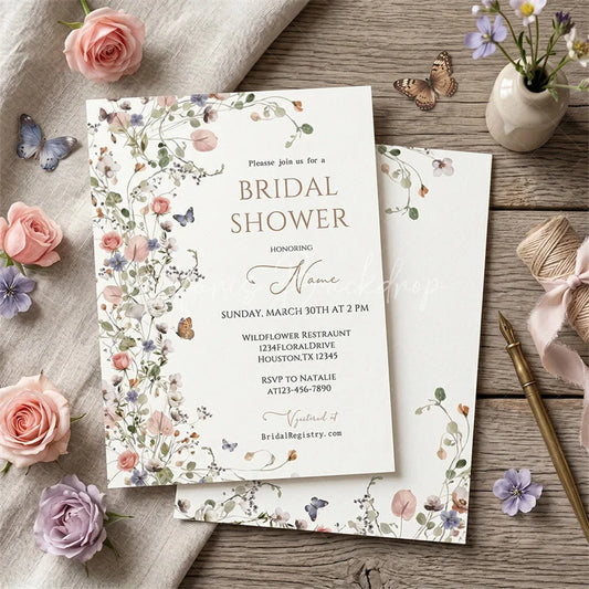 Lofaris Custom Set of 20 Bridal Shower Invitation Floral Design with Pastel Flowers and Butterflies Rustic Garden Theme