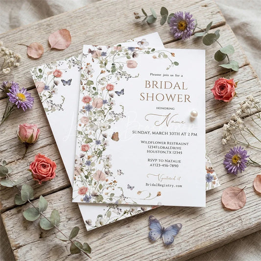 Lofaris Custom Set of 20 Bridal Shower Invitation Floral Design with Pastel Flowers and Butterflies Rustic Garden Theme