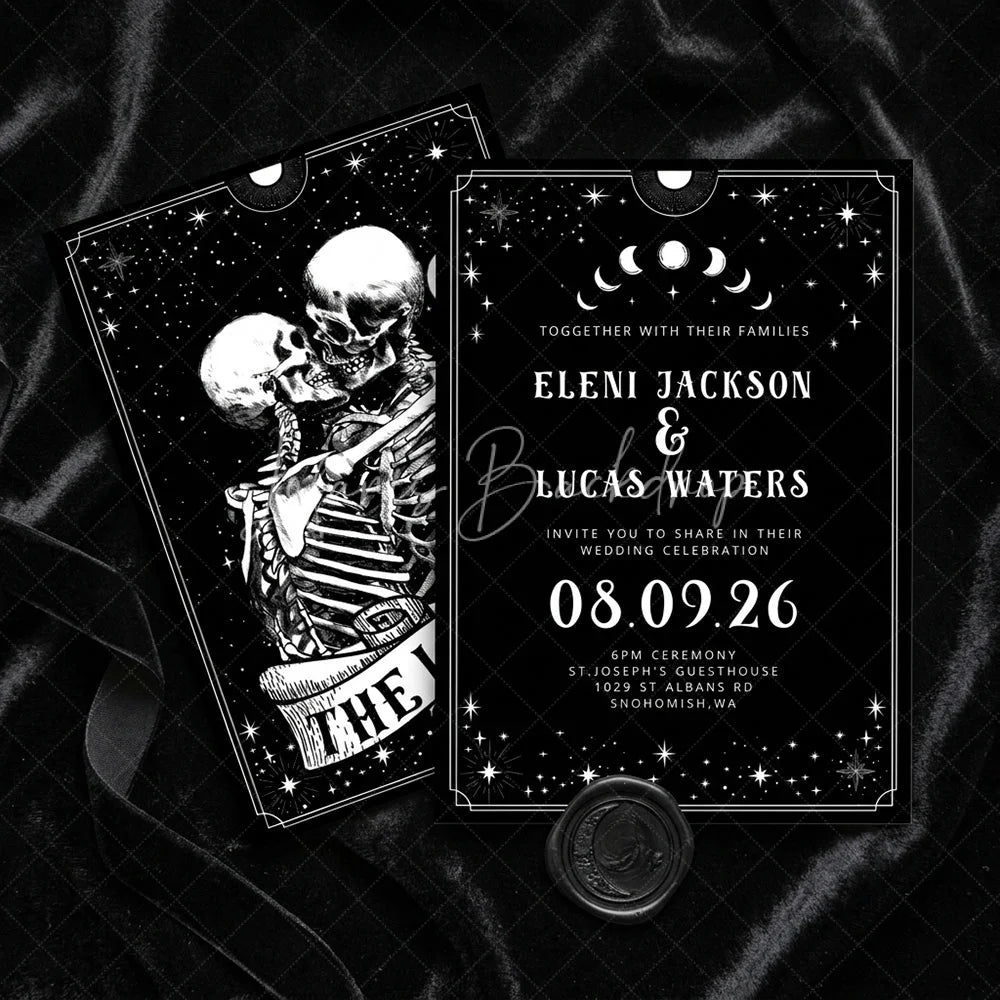 Lofaris Custom Set of 20 Gothic Celestial Wedding Invitation with Embracing Skeletons Dark Romantic Stars and Moon Theme