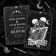 Lofaris Custom Set of 20 Gothic Celestial Wedding Invitation with Embracing Skeletons Dark Romantic Stars and Moon Theme