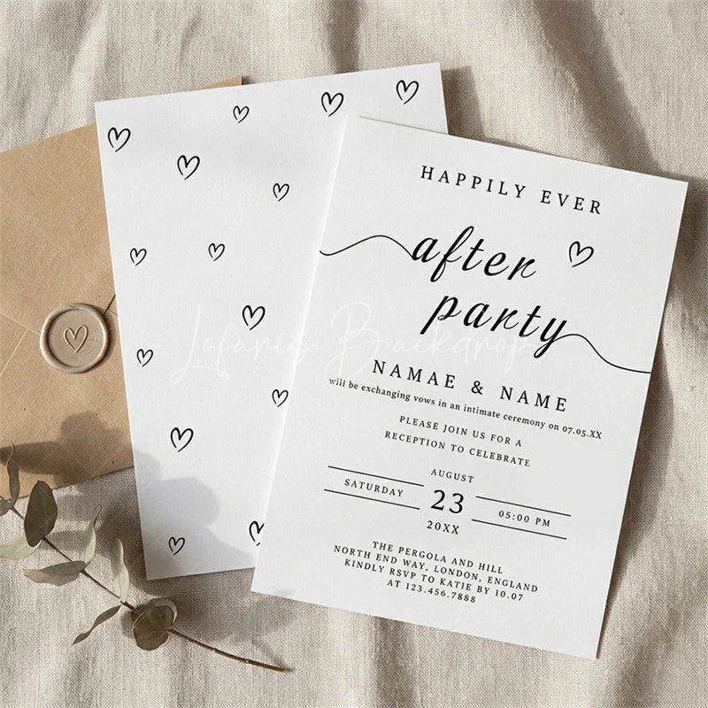 Lofaris Custom Set of 20 Happily Ever After Party Invitation Minimalist Black and White Wedding Reception Design with Hearts