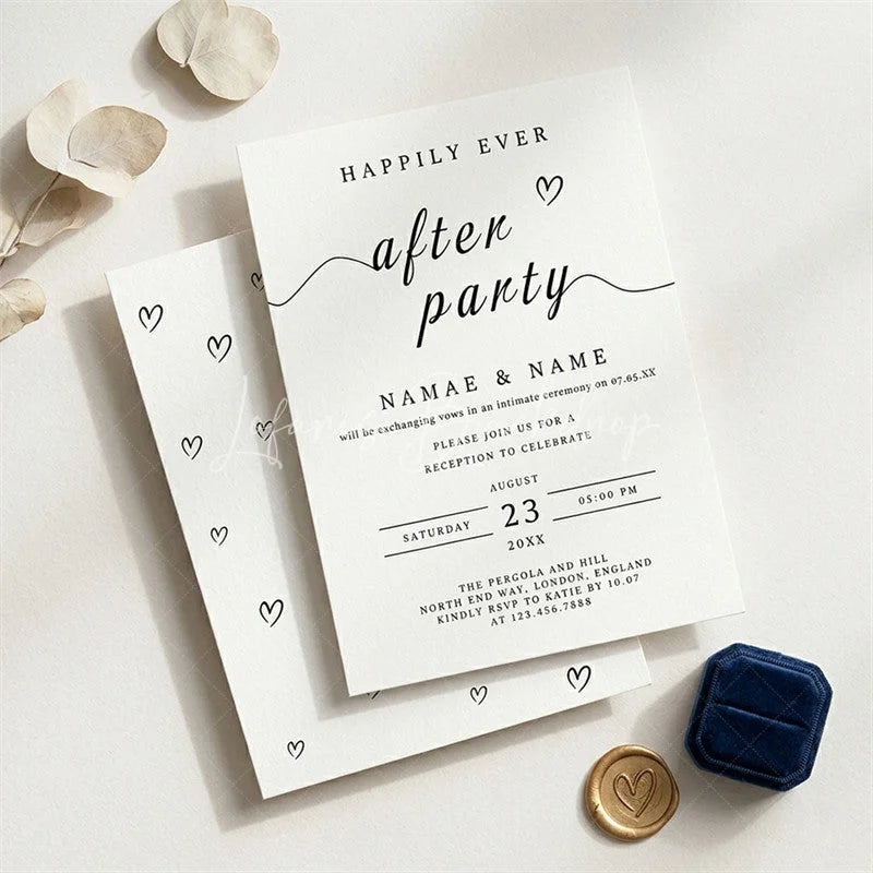 Lofaris Custom Set of 20 Happily Ever After Party Invitation Minimalist Black and White Wedding Reception Design with Hearts