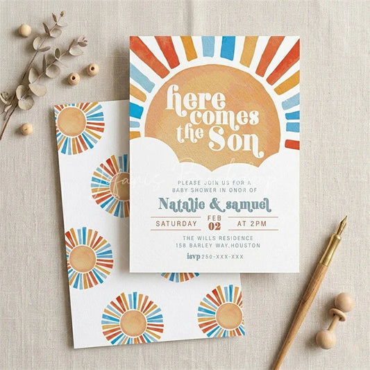 Lofaris Custom Set of 20 Here Comes the Son Sun Baby Shower Invitation Personalized with Vibrant Orange and Blue Rays