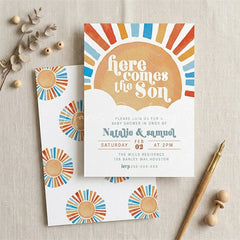 Lofaris Custom Set of 20 Here Comes the Son Sun Baby Shower Invitation Personalized with Vibrant Orange and Blue Rays