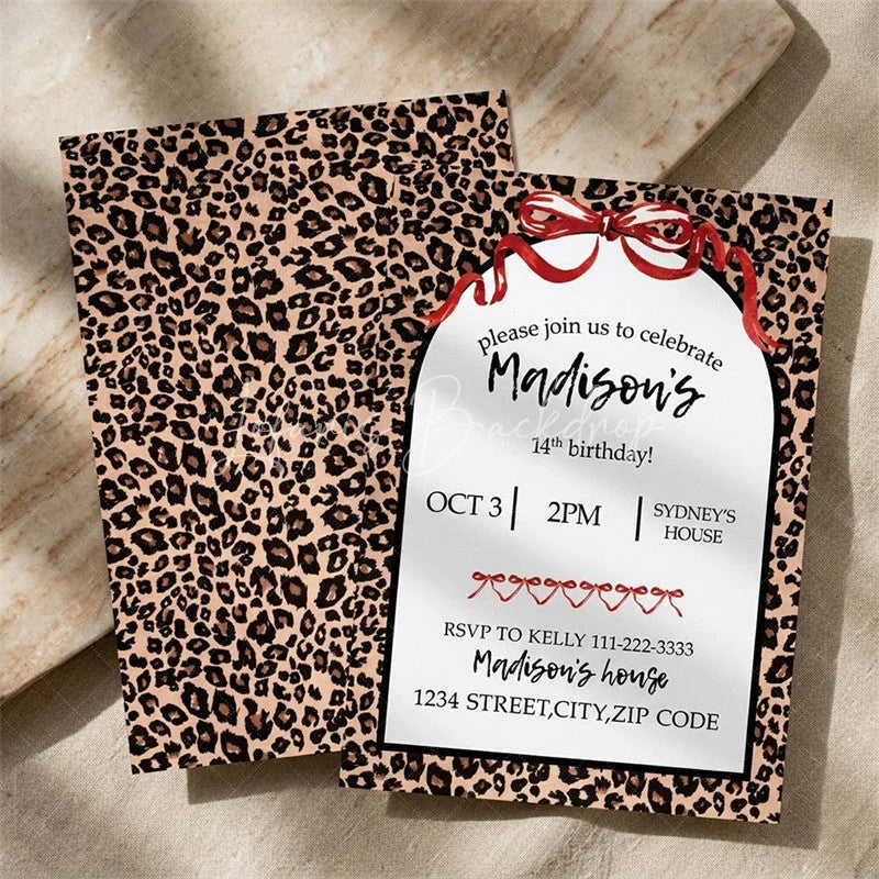 Lofaris Custom Set of 20 Leopard Print Birthday Party Invitation Red Ribbon Bows Personalized Animal Celebration Card