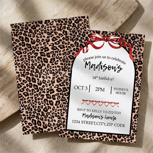 Lofaris Custom Set of 20 Leopard Print Birthday Party Invitation Red Ribbon Bows Personalized Animal Celebration Card