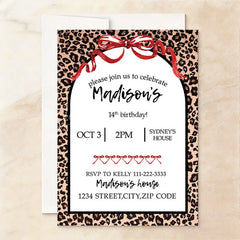 Lofaris Custom Set of 20 Leopard Print Birthday Party Invitation Red Ribbon Bows Personalized Animal Celebration Card