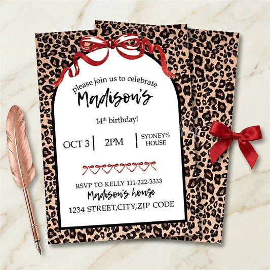 Lofaris Custom Set of 20 Leopard Print Birthday Party Invitation Red Ribbon Bows Personalized Animal Celebration Card
