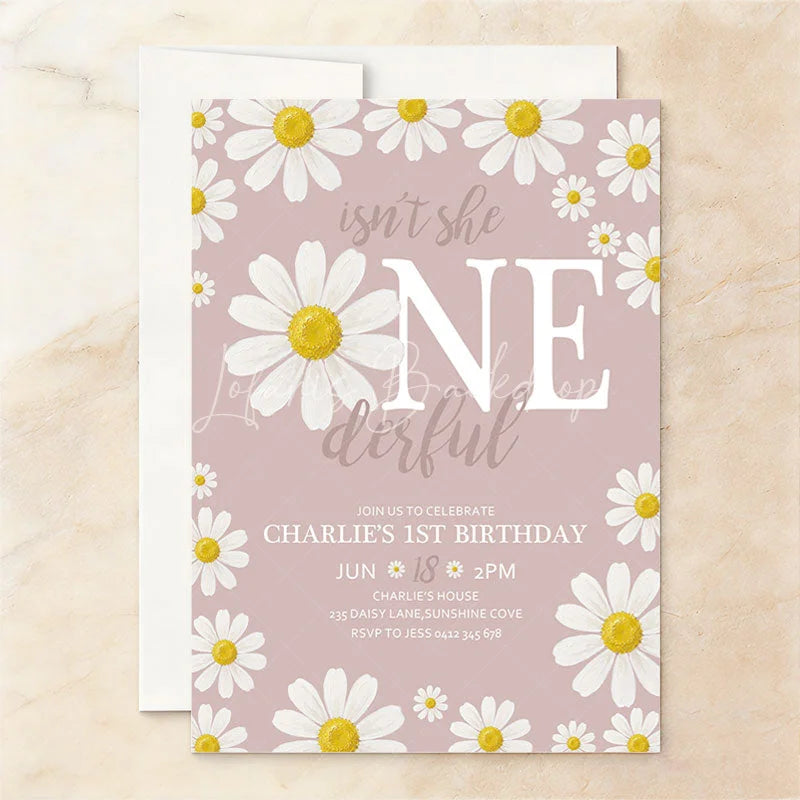 Lofaris Custom Set of 20 Pink Daisy Floral First Birthday Invitation featuring a Baby Photo and ONE derful Slogan