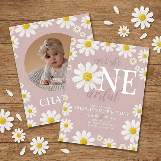 Lofaris Custom Set of 20 Pink Daisy Floral First Birthday Invitation featuring a Baby Photo and ONE derful Slogan