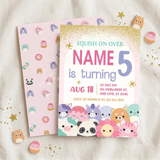 Lofaris Custom Set of 20 Pink Gold Glitter Birthday Invitation with Cute Plush Toy Characters Personalized Party Decor