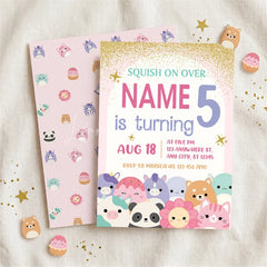 Lofaris Custom Set of 20 Pink Gold Glitter Birthday Invitation with Cute Plush Toy Characters Personalized Party Decor