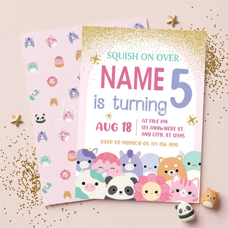 Lofaris Custom Set of 20 Pink Gold Glitter Birthday Invitation with Cute Plush Toy Characters Personalized Party Decor