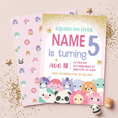 Lofaris Custom Set of 20 Pink Gold Glitter Birthday Invitation with Cute Plush Toy Characters Personalized Party Decor