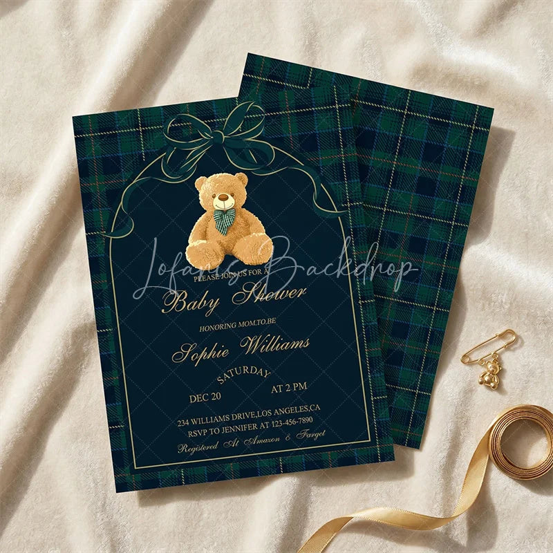 Lofaris Custom Set of 20 Plaid Teddy Bear Baby Shower Invitation Elegant Green and Blue Tartan Design for New Celebration