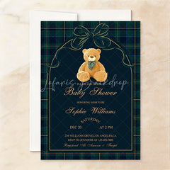 Lofaris Custom Set of 20 Plaid Teddy Bear Baby Shower Invitation Elegant Green and Blue Tartan Design for New Celebration