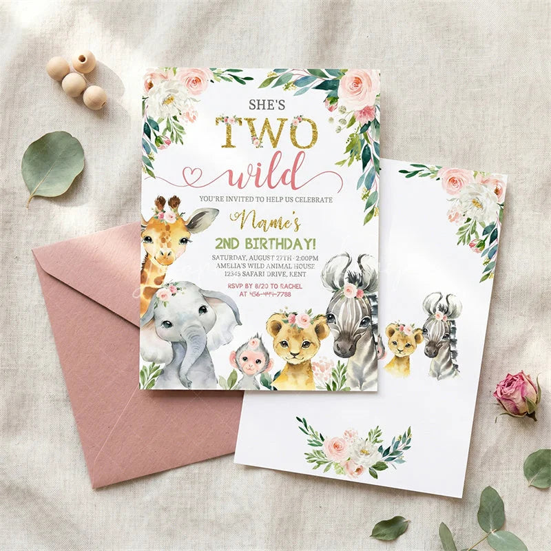 Lofaris Custom Set of 20 She’s Two Wild Safari Animal Birthday Invitation Watercolor Floral Pink and Gold 2nd Party