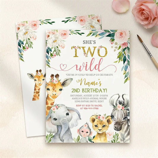Lofaris Custom Set of 20 She’s Two Wild Safari Animal Birthday Invitation Watercolor Floral Pink and Gold 2nd Party