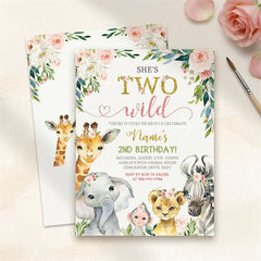 Lofaris Custom Set of 20 She’s Two Wild Safari Animal Birthday Invitation Watercolor Floral Pink and Gold 2nd Party