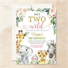 Lofaris Custom Set of 20 She’s Two Wild Safari Animal Birthday Invitation Watercolor Floral Pink and Gold 2nd Party