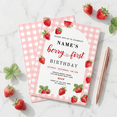 Lofaris Custom Set of 20 Strawberry Berry First Birthday Invitation Pink Gingham Picnic Party Personalized Invite for Baby Girl