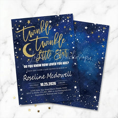 Lofaris Custom Set of 20 Twinkle Little Star Baby Shower Invitation Blue Gold Glitter Starry Night for Celebration
