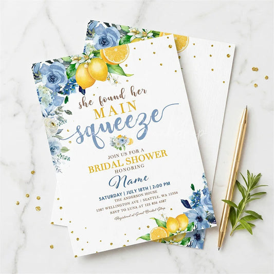 Lofaris Custom Set of 20 Watercolor Blue Floral and Lemon Bridal Shower Invitation She Found Her Main Squeeze Party
