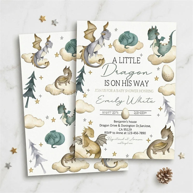 Lofaris Custom Set of 20 Whimsical Dragon Baby Shower Invitation A Little Is On His Way Theme with Clouds and Stars