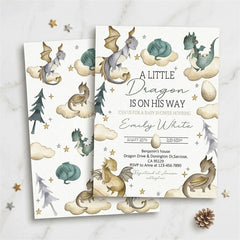 Lofaris Custom Set of 20 Whimsical Dragon Baby Shower Invitation A Little Is On His Way Theme with Clouds and Stars