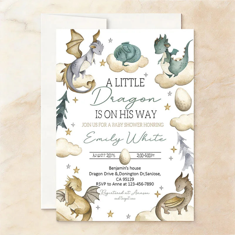 Lofaris Custom Set of 20 Whimsical Dragon Baby Shower Invitation A Little Is On His Way Theme with Clouds and Stars