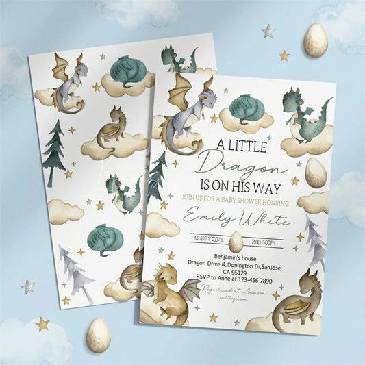 Lofaris Custom Set of 20 Whimsical Dragon Baby Shower Invitation A Little Is On His Way Theme with Clouds and Stars