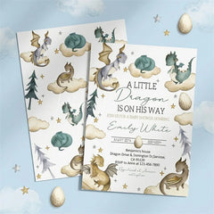 Lofaris Custom Set of 20 Whimsical Dragon Baby Shower Invitation A Little Is On His Way Theme with Clouds and Stars