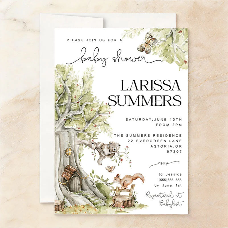 Lofaris Custom Set of 20 Woodland Baby Shower Invitation featuring Watercolor Forest Animals and Enchanted Fairy Tree Houses