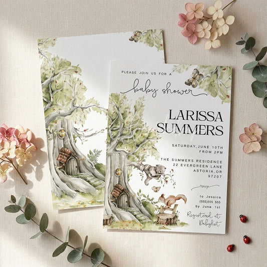 Lofaris Custom Set of 20 Woodland Baby Shower Invitation featuring Watercolor Forest Animals and Enchanted Fairy Tree Houses