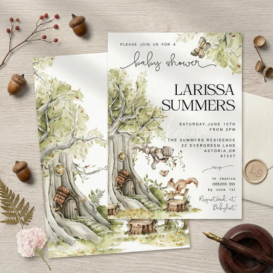 Lofaris Custom Set of 20 Woodland Baby Shower Invitation featuring Watercolor Forest Animals and Enchanted Fairy Tree Houses