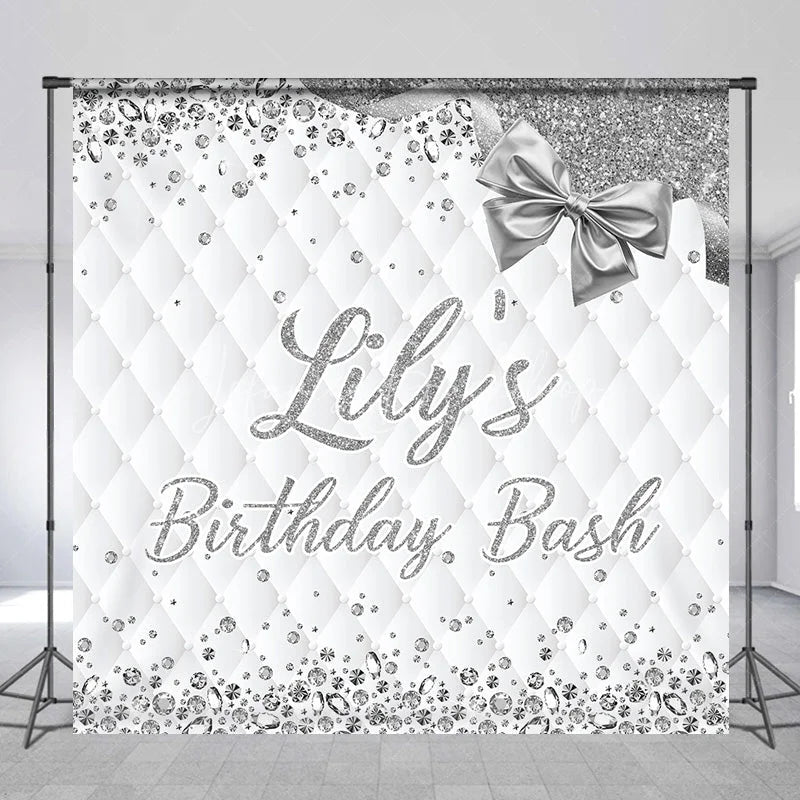 Lofaris Custom Silver Diamond Backdrop Personalized White Quilted Birthday Bash Party Supplies