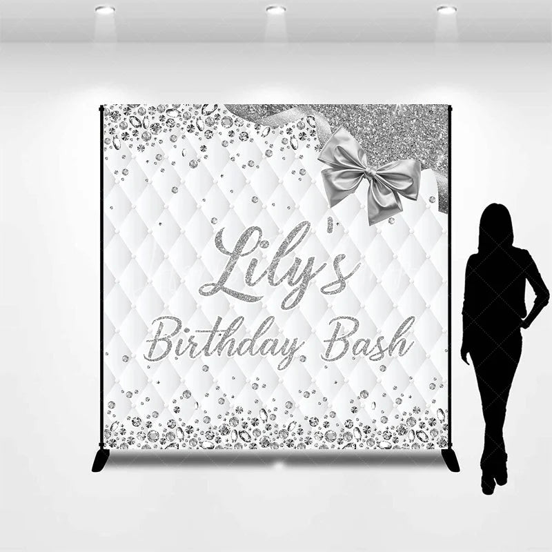 Lofaris Custom Silver Diamond Backdrop Personalized White Quilted Birthday Bash Party Supplies
