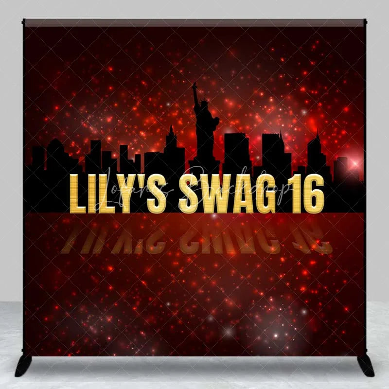 Lofaris Custom Swag 16th Birthday Backdrop New York City Skyline Silhouette and Red Glitter Sparkle Party Banner