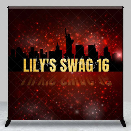 Lofaris Custom Swag 16th Birthday Backdrop New York City Skyline Silhouette and Red Glitter Sparkle Party Banner